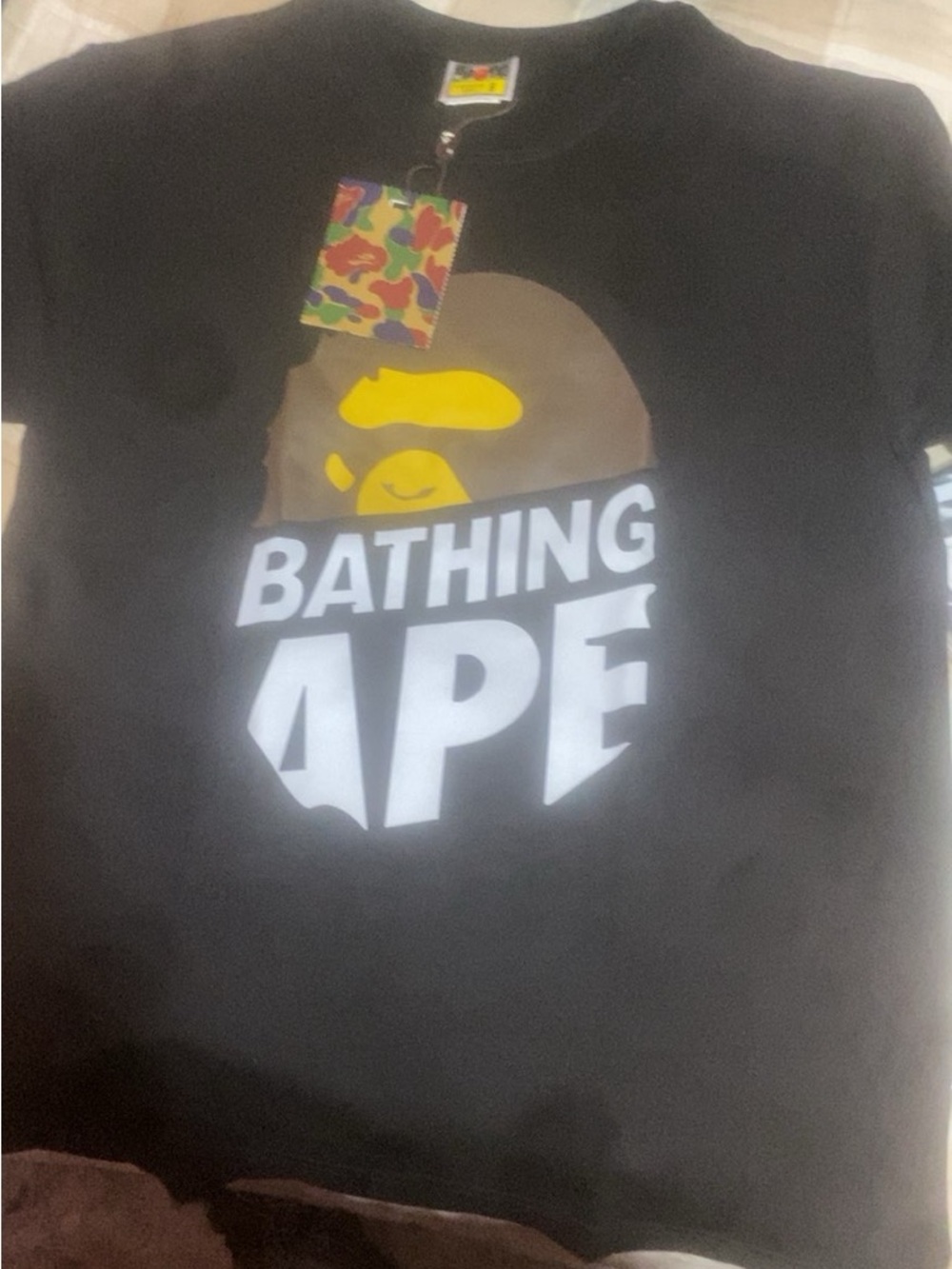 Bape Black Tee with White Logo and Yellow Ape Graphic
